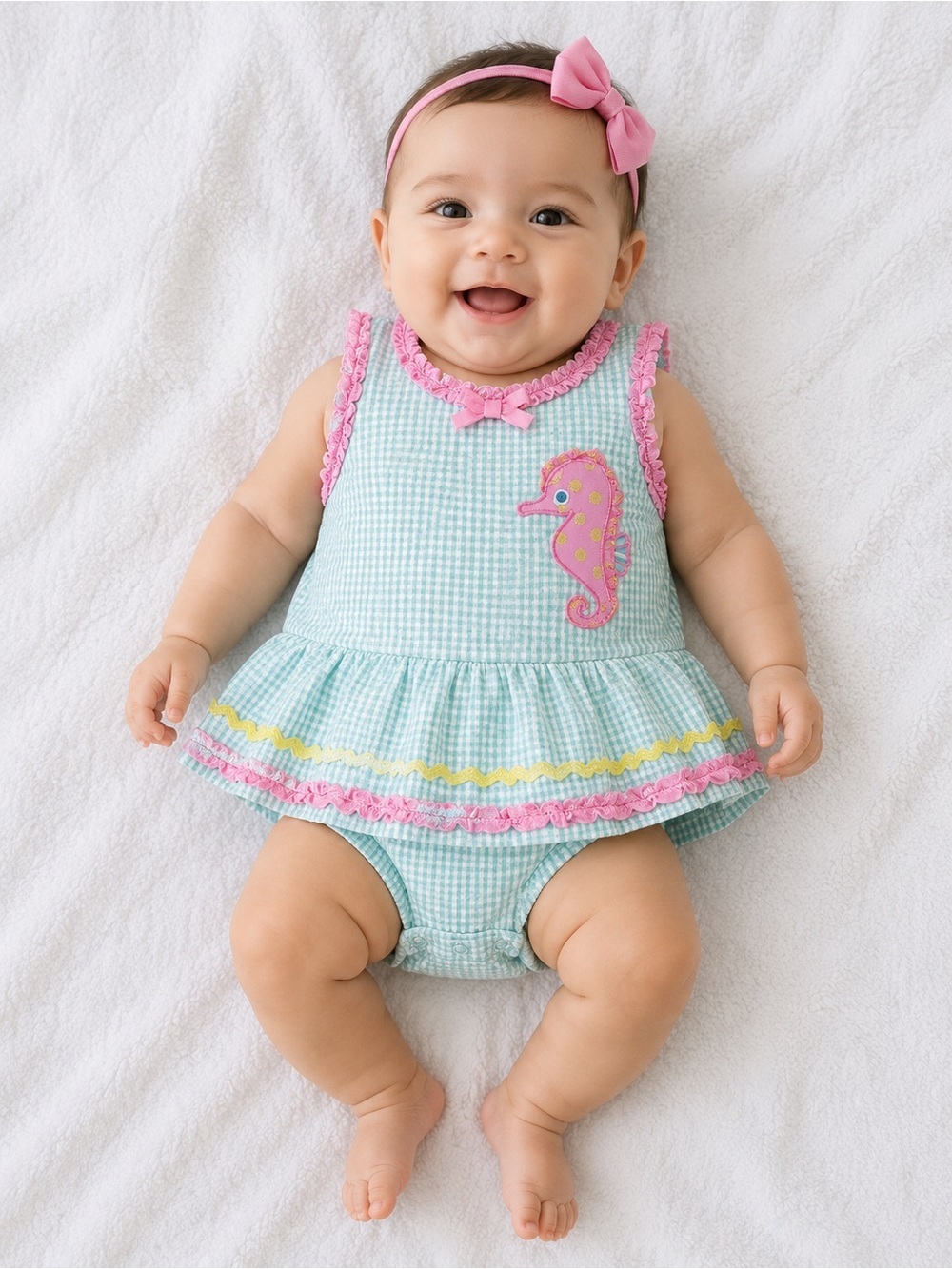 Nursery Rhyme Mint Seersucker Romper with Pink Seahorse and Yellow Trim